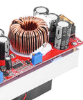 Heavy Duty DC To DC Voltage Step Up Converter Boost Module showing copper inductor and capacitors on red board.