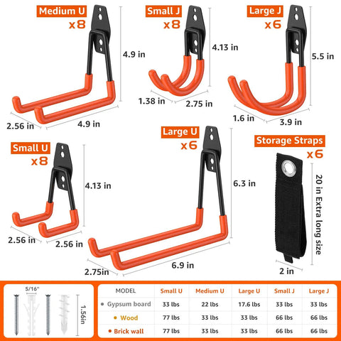 42 Pack Heavy Duty Wall Mount Garage Hooks With Tough As Nails Alloy Steel Build Non Slip PVC Coated Rust Resistant For Tool Setup In Garage Yard And Shop And More Gear, assorted sizes