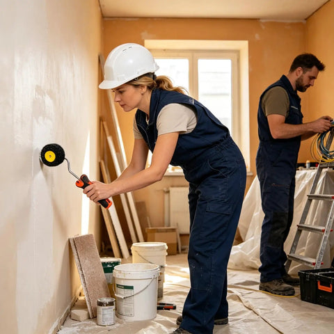 Woman using Premium Drywall Corner Paint Roller Set For Inside And Outside Corners on wall in renovation project.