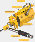 Heavy Duty Permanent Magnetic Lifter With Alloy Steel Hook 4400 Lbs Plate Lift Magnet for Hoist showing rubber handle and magnetic strips.
