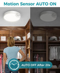 Rechargeable Motion Sensor Ceiling Light With Remote, 7.5 Inch LED Fixture lighting up a closet with automatic motion sensor