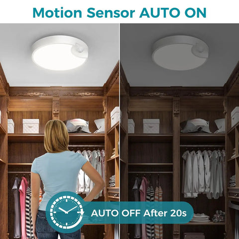 Rechargeable Motion Sensor Ceiling Light With Remote, 7.5 Inch LED Fixture lighting up a closet with automatic motion sensor