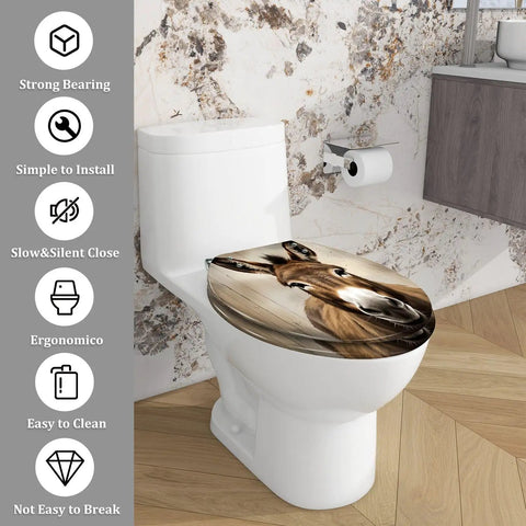 Elongated Toilet Seat Replacement, Resin Donkey Pattern for Bathroom on a white toilet with modern decor.