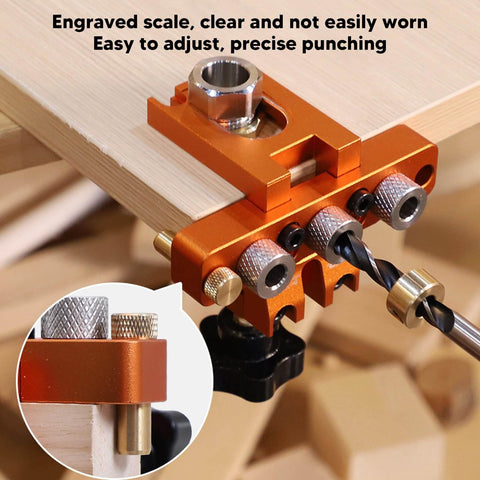 Three In One Doweling Jig Kit With Self Centering Drill Guide And Extra Drilling Sleeve Pro Grade Woodworking Doweling Jig Set For Crazy Precise Hole Alignment In Furniture Assembly Cabinet Making And DIY Projects visible in orange anodized aluminum with drill guide in action.