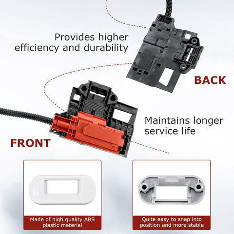 Front and back view of Washer Lid Lock Switch Assembly Replacement Kit With 4 Wire Plug Bezel And Instructions shown with features.