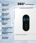 Total Showstopper 12000W Solar Hybrid Inverter With 48V Split Phase And Dual MPPT Controller front view with safety features icons.