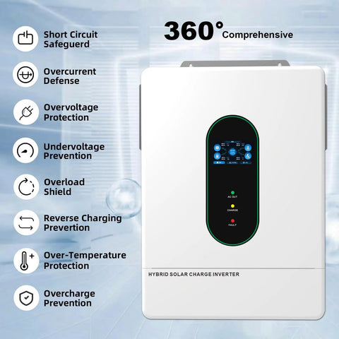 Total Showstopper 12000W Solar Hybrid Inverter With 48V Split Phase And Dual MPPT Controller front view with safety features icons.
