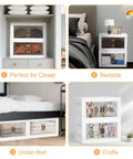 140Qt Stackable Plastic Storage Bins With Lids And Handles showing uses in closet, bedside, under-bed, and crafts.