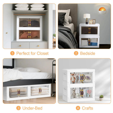 140Qt Stackable Plastic Storage Bins With Lids And Handles showing uses in closet, bedside, under-bed, and crafts.