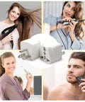 4 Pack Universal Travel Plug Adapters Europe To United States White Safe Copper Conductor ABS Flame Resistant 10A 125 To 250 Volt Capacity 600W Essential Gear For Jet Setters And Global Gadget Charging On The Go next to people with grooming devices