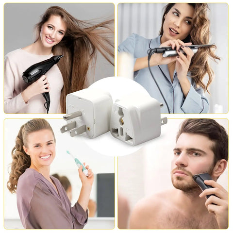 4 Pack Universal Travel Plug Adapters Europe To United States White Safe Copper Conductor ABS Flame Resistant 10A 125 To 250 Volt Capacity 600W Essential Gear For Jet Setters And Global Gadget Charging On The Go next to people with grooming devices