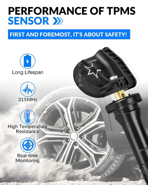 Set Of Four Pre Programmed 315MHz TPMS Tire Pressure Sensors For Chevrolet Equinox Cruze Tahoe Avalanche Impala GMC Yukon Acadia Buick Enclave And More Replaces 13598771 With Easy Plug And Play Install In Minutes. Black 315MHz TPMS sensor close-up for wheel tire monitoring