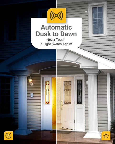 Front porch showing dusk to dawn effect with outdoor lighting. Dusk To Dawn Outdoor LED B11 Candelabra Bulb With Photocell Sensor.
