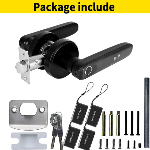 Biometric Fingerprint Door Lock With Handle Keyless Entry Smart Door Knob For Home Office Apartment Hotel Bedroom Black Zinc 4 In 1 Access App Unlock Fingerprint Unlock RFIC Card Unlock Backup Mechanical Key Fast One Second Recognition package includes door handle, RFIC cards, keys, and screws.