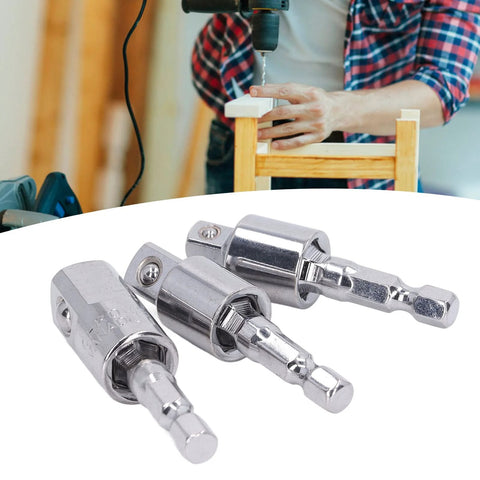 Close-up of chrome-plated drill socket adapters with rotating sleeves and square drives, 3-pack
