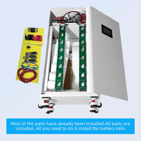 Heavy Duty LiFePO4 Battery Enclosure For Killer DIY Solar Power Storage Setup built Around 48V Systems showing internal wiring and components.