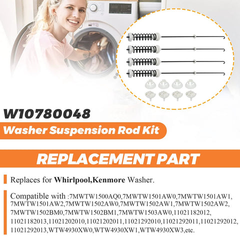 Front view of washer suspension rod kit with four rods, white end caps and fittings for Whirlpool/Kenmore washers