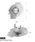 Image of All In One Dryer Thermal Fuse Kit with high limit and cycling thermostats for Whirlpool Kenmore dryers, dimensions labeled.
