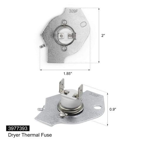 Image of All In One Dryer Thermal Fuse Kit with high limit and cycling thermostats for Whirlpool Kenmore dryers, dimensions labeled.
