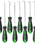 8 Piece Pick And Hook Set For Cars And Auto Repair Precision Mini Hooks And Puller Remover Kit For Oil Seals O Rings And Gaskets Heavy Duty CR-V Steel And Chrome Vanadium Shafts Ergonomic Green Handles, 8 tools on white