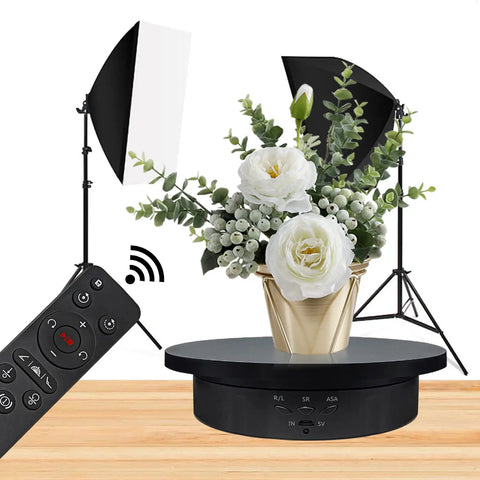 Zlmondee Remote Controlled Motorized Rotating Display Stand Turntable With 5.74 7.08 8.66 Inch Interchangeable Black Covers For Photography Products Shows And Retail Displays Smooth Lazy Susan Performance featuring flowers on a black rotating base.