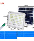 JUDYSSY 200W Solar Spotlight Flood Light with solar panel and remote control, dimensions shown for outdoor use.