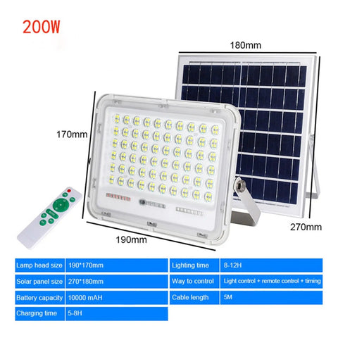 JUDYSSY 200W Solar Spotlight Flood Light with solar panel and remote control, dimensions shown for outdoor use.