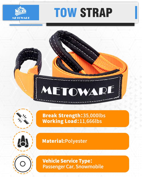 Offroad Recovery Kit With 10 Ton Heavy Duty Winch Snatch Block Pulley, polyester tow strap with METOWARE label.