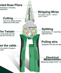 Eight In One Wire Crimping And Stripping Tool With Voltage Detector, labeled features, green handles, front view for electricians HVAC.