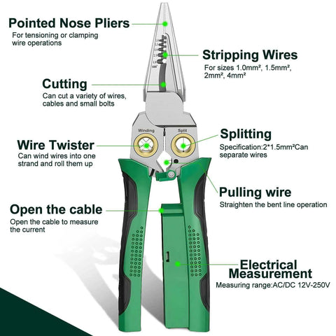 Eight In One Wire Crimping And Stripping Tool With Voltage Detector, labeled features, green handles, front view for electricians HVAC.