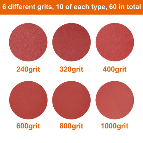60Pcs 5 Inch 8 Hole Sanding Discs Set With Hook And Loop Backing 1000/800/600/400/320/240 Grits Display