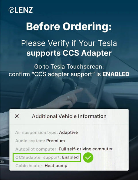 Tesla touchscreen displaying CCS adapter support enabled for Ccs1 To Nacs Electric Vehicle Charging Adapter Compatible With Tesla And All Nacs Port Cars Dc Fast Charge Connector 500 Volt Ul Approved.