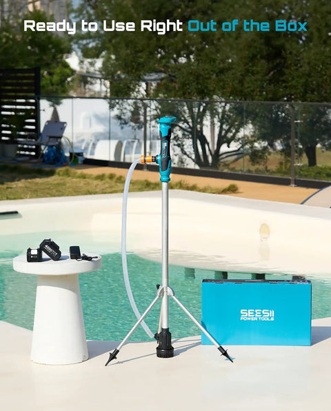 Cordless Stick Water Transfer Pump With Tripod Stand Hands Free next to a pool, showing portability and ease of use.