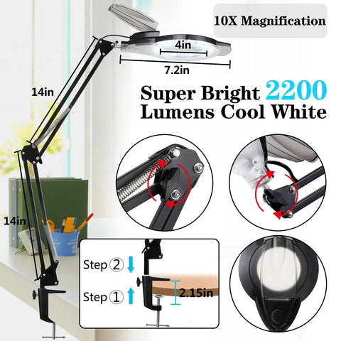 10X LED Magnifying Lamp With Clamp 2200 Lumen Dimmable Daylight Lighted Magnifier For Reading Repairs And Crafts Adjustable Swivel Arm Workhorse Bright Loupe Black