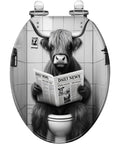 Elongated Resin Toilet Seat, Bathroom with a humorous cow reading a newspaper while seated on the toilet.