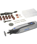 Cordless Rotary Tool Kit With Brushless Motor And LED Nose Cap For Precision Work, USB C Rechargeable, accessories displayed