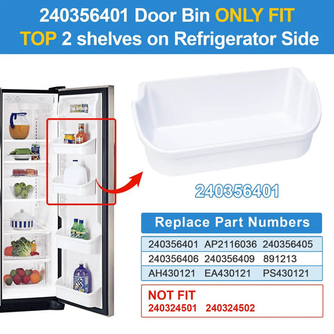 2 Pack Upgraded 240356401 Refrigerator Door Bin For Fridge Door Shelf Replacement shown in refrigerator side view