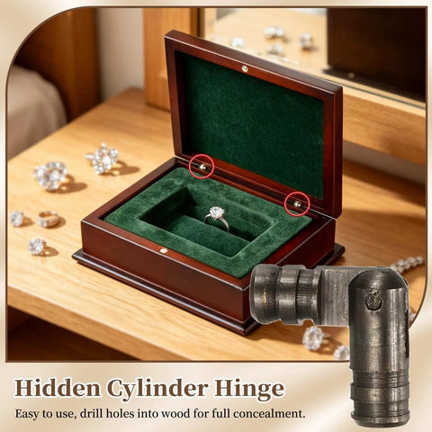 Wooden jewelry box with 20 Pack Concealed Barrel Hinges Brass Cylinder 4x17mm Hidden Hinges For Jewelry Boxes in black finish.