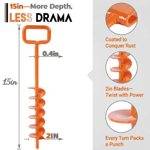 15 Inch Screw In Tent Stakes Set With Heavy Duty Ground Anchors Includes Adapter And 30 Ft Nylon Rope Orange close-up