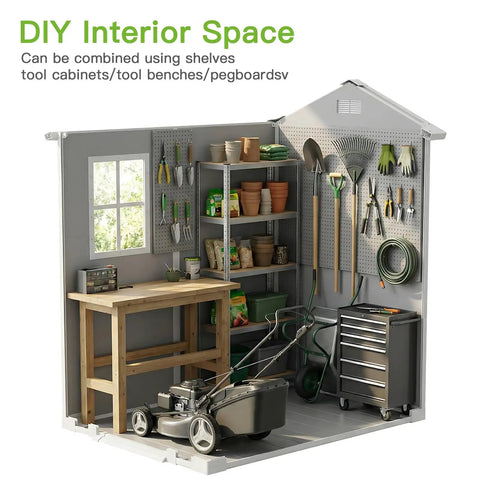 Interior view of Sturdy Outdoor Resin Storage Shed 4x6 With Floor showing shelves, gardening tools, lawn mower, and workbench.