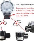 ATIE pool check valve rebuild kit collage: clear-top round valve and black 2-inch PVC check valve bodies.