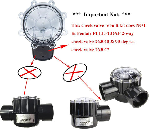 ATIE pool check valve rebuild kit collage: clear-top round valve and black 2-inch PVC check valve bodies.