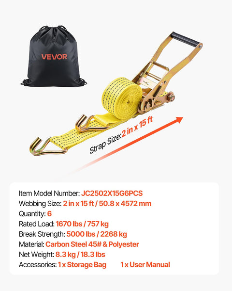 Six Pack 2 Inch By 15 Foot Heavy Duty Ratchet Straps With Double J Hooks, 5000 Lbs Break Strength, Carry Bag Included, 1670 Lbs Working Load