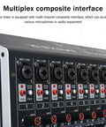 Close-up of multiplex composite interface on 16 Channel DJ Mixer With 99 DSP Effects, 7 Band EQ, 48V Phantom Power, Bluetooth, USB Recording