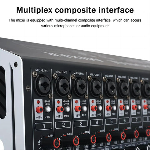 Close-up of multiplex composite interface on 16 Channel DJ Mixer With 99 DSP Effects, 7 Band EQ, 48V Phantom Power, Bluetooth, USB Recording