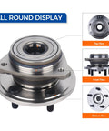 Heavy Duty Wheel Hub Bearing Assembly Ready To Roll For Jeep Cherokee Wrangler Grand Cherokee TJ Comanche Wagoneer 1990 Through 1998 With Smooth Spin Tight Fit And Durable Sealed Bearings For Reliable Street And Trail Performance shown in all round display with top, front, and bottom views