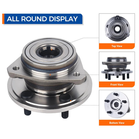 Heavy Duty Wheel Hub Bearing Assembly Ready To Roll For Jeep Cherokee Wrangler Grand Cherokee TJ Comanche Wagoneer 1990 Through 1998 With Smooth Spin Tight Fit And Durable Sealed Bearings For Reliable Street And Trail Performance shown in all round display with top, front, and bottom views