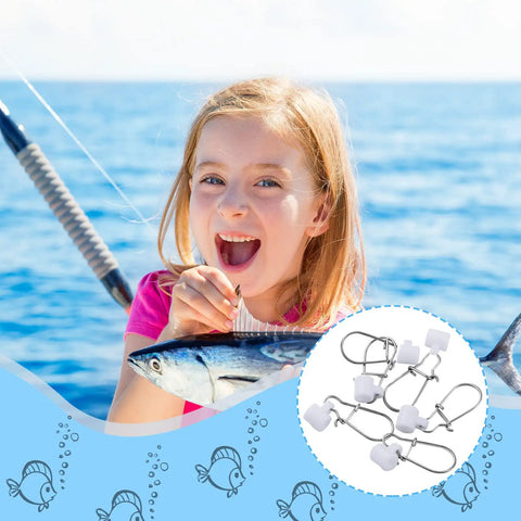 Girl holding fish on boat with inset of White Sinker Slides with Duo Lock Clips and Hooked Line Connectors 50 Pack.