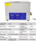 Heavy Duty 15 Liter Industrial Ultrasonic Tank For Parts Cleaning 304 Stainless Steel with digital controls and heating.
