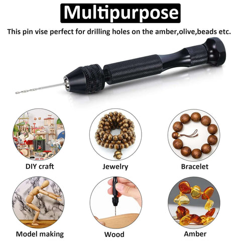 Mudder black pin vise hand drill with small drill bit; multipurpose DIY craft, jewelry, model making, wood, amber
